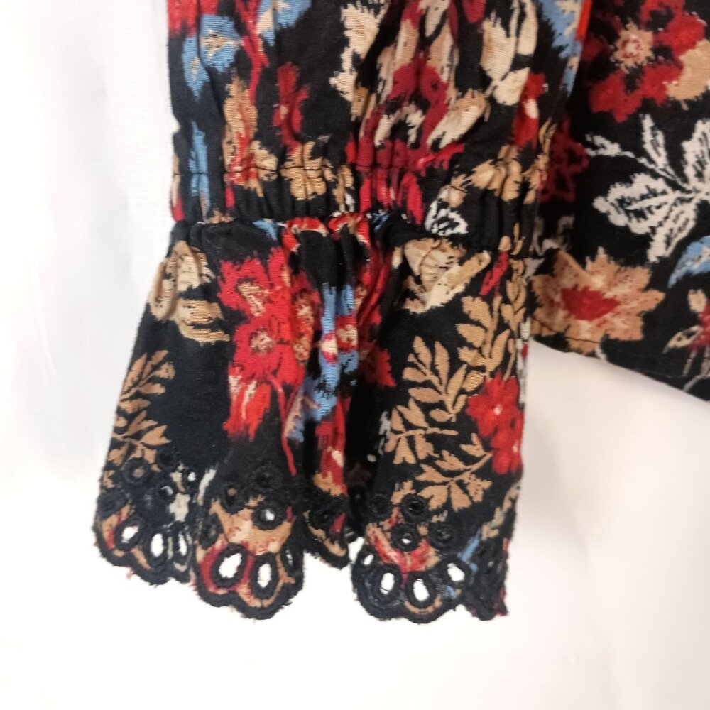 Ann Taylor LOFT Floral Print Cotton Blouse Scalloped Yoke Long Sleeve Top Women - Picture 6 of 6